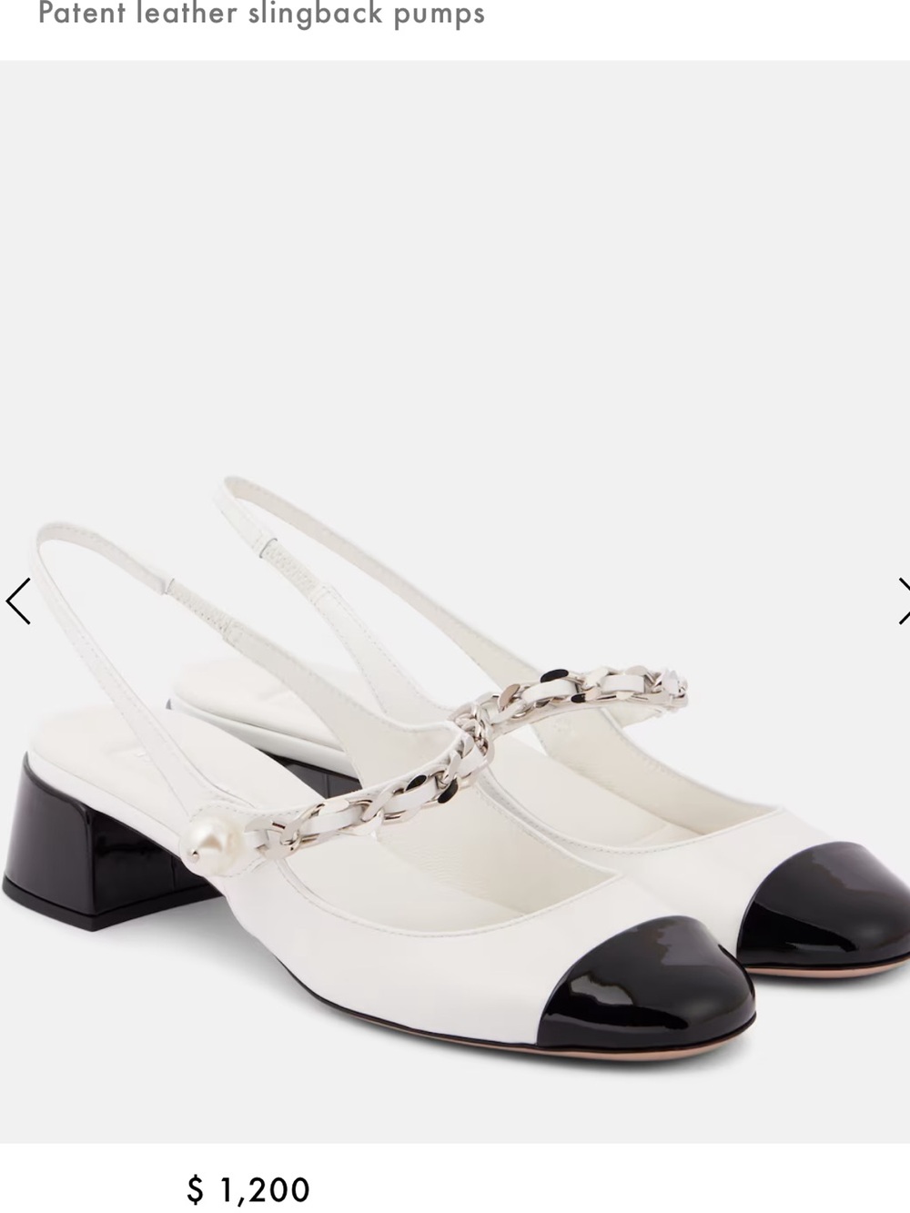 Miu Miu White Patent Slingback Pumps with Black Cap Toe and Pearl Chain